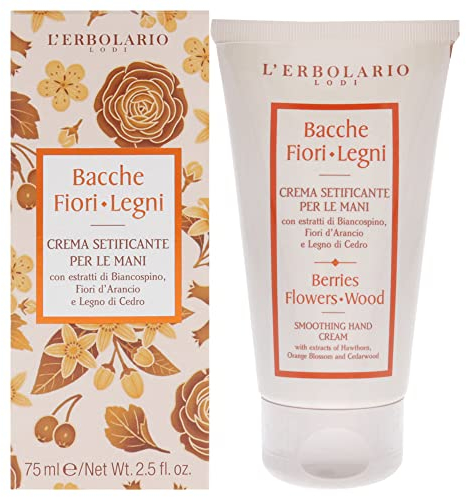 L'Erbolario Crema Mani Bacche Fiori Legni, Setificante, con estratti di Biancospino, Fiori d'Arancio e Legno di Cedro, Texture Molto Leggera, Formato 75ml