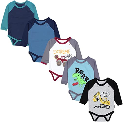 TupTam Baby Langarmbodys 5er-Pack – Baumwolle, OEKO-TEX, Farbe: Bagger Monster Tuck Dino Grau Blau Grün, Kinder Größe: 62