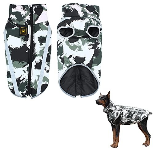 4XL Wasserdichter Hundemantel Warme Winter Jacken Hundesportweste Haustierkleidung mit Geschirr Loch Reflektierenden Streifen Mittel Großer Hund Winddichter Schneeanzug Hundekleidung Weiß Schwarz