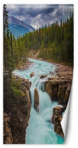 Feeby Türtapete selbstklebend Bach Wald Berge 100x200 cm Türposter Türsticker Fototapete Wohnzimmer Schlafzimmer Kinderzimmer Büro Wolken Natur Kaskade Grün