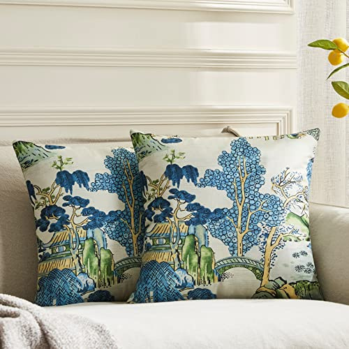 BLESFEST Chinoiserie Kissenbezug, 50,8 x 50,8 cm, Thibaut, asiatische Szenisch, Blau und Grün, Kissenbezüge, Leinen, Bauernhaus, Baumblätter, Kissenbezüge für Sofa, Couch, Wohnzimmer, 2 Stück