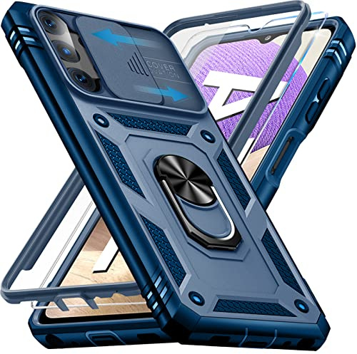 Giyer für Samsung Galaxy A32 Hülle mit Schutzfolie, Handyhülle A32 5G mit Kameraschutz Kartenschlitz 360° Metall Ring Ständer Stoßfest Bumper Schutzhülle Samsung A32 6.5 Case Cover (Blau)