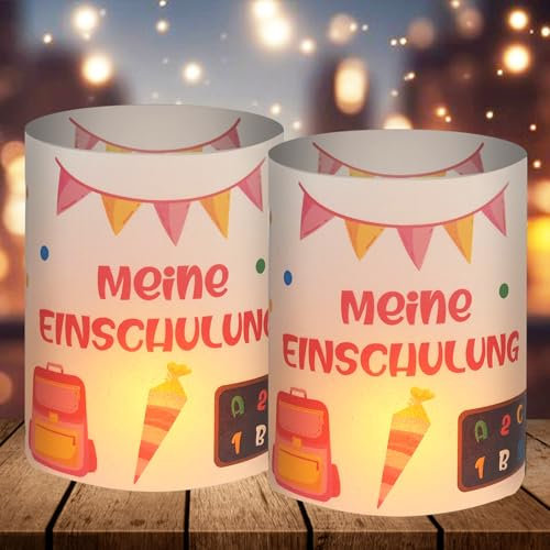 12 Windlicht Tischdeko Einschulung Mädchen, Deko Einschulung Mädchen Tisch, Endlich Schulkind Deko Schulanfang Mädchen, Einschulungsdeko Mädchen 2025 mit ABC Zuckertüte, für Teelichter oder Kerzen