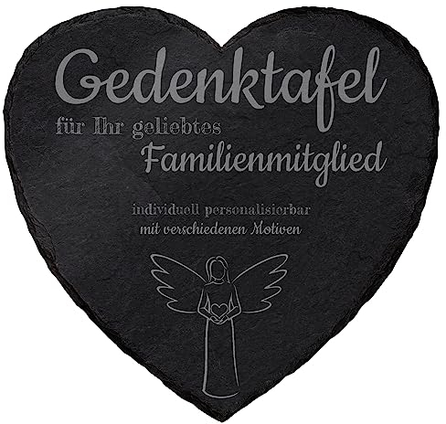 mtb more energy Gedenktafel Grabstein aus Schiefer mit Gravur - wähle passende Motive und Schriftarten - Herz (20 x 20 cm) - Grabplatte Gedenkbild Kondolenzfeier