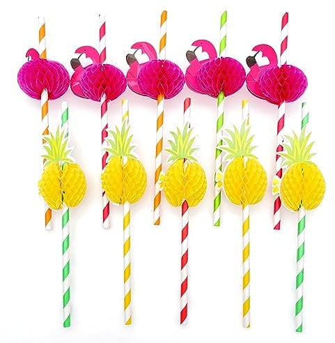 JZK Lot de 50 pailles jetables en papier biodégradables pour fête tropicale, motif ananas et flamant rose