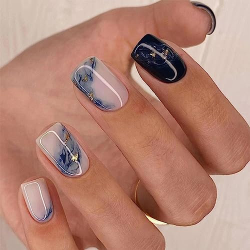 TMUT 24pcs Square False Nails Short Stick on Nails Navy Blue Press on Nails Removable Glue-on Nails Fake Nails Women Girls Nail Art Accessories, Variety Pack