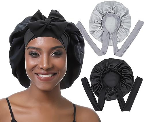 EBONNT 2 Stück Satin Bonnet Schlafhaube Verstellbare Silk Bonnet Seidenhaube Seide Locken Atmungsaktive Seide Schlafmütze Schlafen Weiche Satin Haube für Damen Mädchen (Gray&Black)