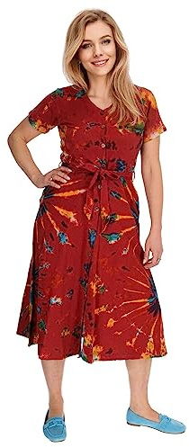 Kunst und Magie Kleid Batik Sommerkleid Baumwoll Kleid Boho Ibiza Geköpft Hippie Tie Dye, Größe:L, Farbe:Rot