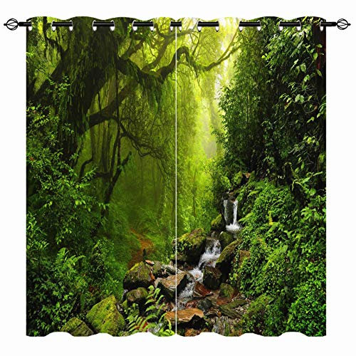 YUANZU Natur Vorhänge Wald Grünes Dschungel Wasserfall Ösen Gardinen mit Blickdichte Thermo Vorhang Kälteschutz Blackout Curtain Wohnzimmer Schlafzimmer Verdunkelung Fenster, 2 Stück, H 137 x B 132 cm
