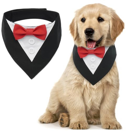 MHaustlie Hunde Smoking Bandana, Formale Haustier Smoking Fliege, Formale Feste Hundehalstuch, Verstellbar Haustier Anzug Fliege Bandana für Hochzeit Geburtstag Halloween Weihnachten(S, RotSchwarz)
