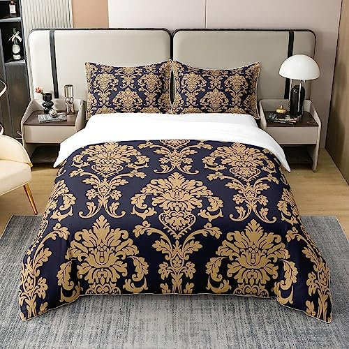 100% Gewaschte Baumwolle Elegante Damast Bettwäsche Set Antike Barock Blumen Tröster Bezug für Teen Jungen Männer Gold und Schwarz Floral Bettbezug Stilvolle Moderne Europäische Tagesdecke 135x200