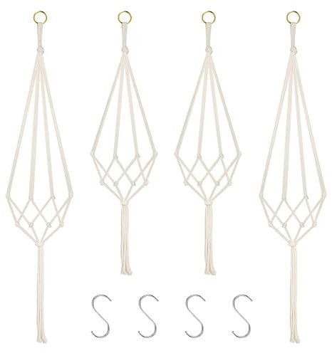 4Pcs Rope Hanging Planter Basket Cotton Rope Macrame Plant Hanger with 4 Hanging Hooks Flower Pot Hanging Rope for Indoor Outdoor Garden Home