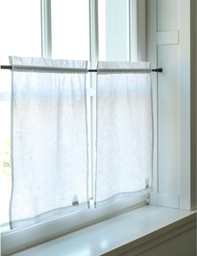 Varvara Home 2 Scheibengardinen Leinen | Küchengardinen Bistrogardinen Kurzgardine Leinen | Scheibengardinen Blickdicht Landhausstil Boho Vintage Badezimmer Weiss 2-er Pack 60(H) x45(B) cm