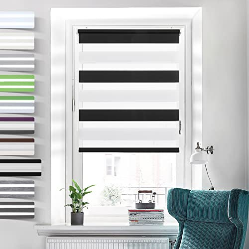 Doppelrollo Klemmfix ohne Bohren Rollos für Fenster ohne Bohren Schwarz-Weiß 100x120cm-Stoffbreite 96cm Klemmrollos Fenster Rollo innen ohne Bohren Lichtdurchlässig
