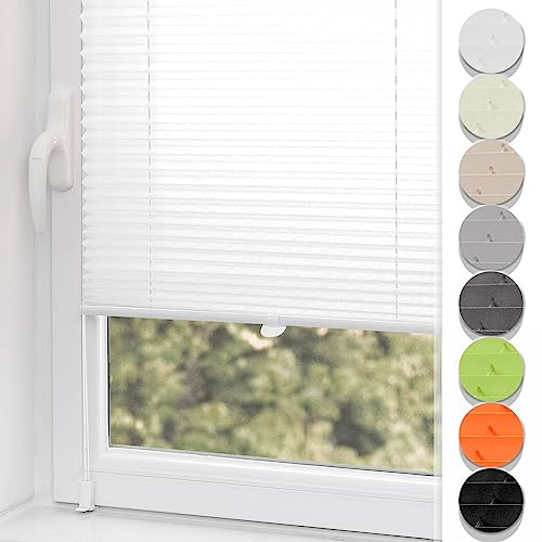 Buseu Plissee 85x130cm(BXH) Weiß Faltrollo Lichtdurchlässig Plisseehalter ohne Bohren für Fenster & Tür