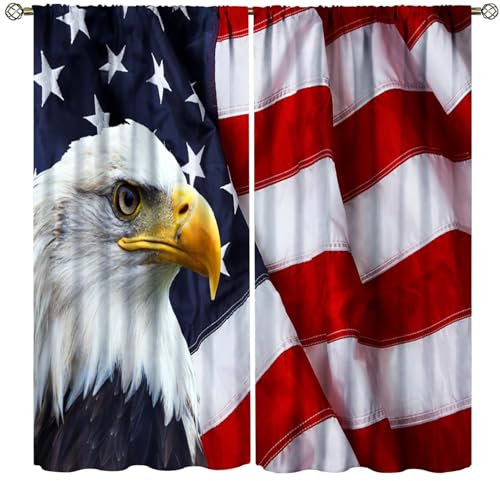 ZhiRain Vorhänge mit amerikanischer Flagge, USA, Weißkopfseeadler, Sterne und Streifen, Flagge, Unabhängigkeitstag, 4. Juli, Vorhang mit Stangentasche für Wohnzimmer, Dekoration, Vorhänge,