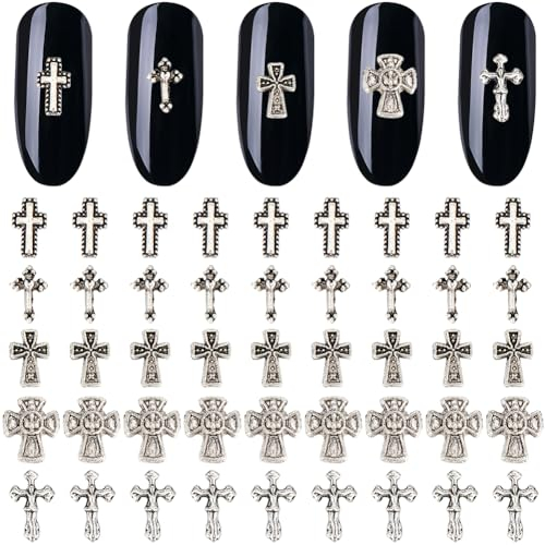 craspire 100 Stück Kreuz-Nagel-Charms 3D 5 Stil Y2K Metalllegierung Silber Flache Nagel-Edelstein-Set Gothic Vintage Punk Nieten Dekor Für Frauen Nagelkunst DIY Schmuck Charms Weihnachtsdekorationen