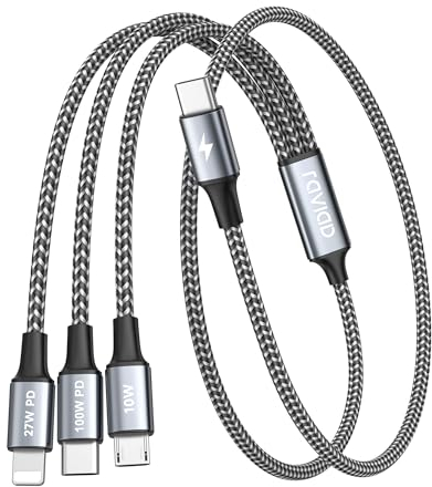RAVIAD 100W USB C Multi Charger Cable Short [50CM] 3 in 1 Fast Charging Cable with E-Mark Chip, USB C PD [100W]+Lightning[27W]+Micro[10W] for Galaxy S24/S23, iPhone 15/14/13, MacBook Pro/Air, Pad Pro
