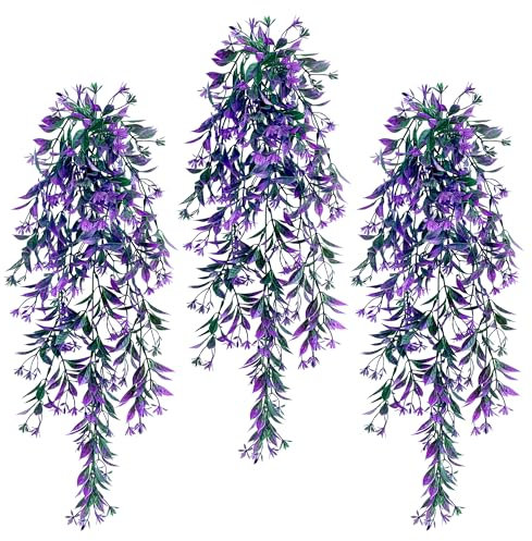 ROLLWAY 3 Stück Kunstblumen Hängend Künstliche Pflanzen 75cm,Kunstpflanzen Hängend Künstliche Hängepflanzen Outdoor, Künstliche Blumen Hängeblumen Plastikblumen für Balkon Hochzeit Garten Wand Lila