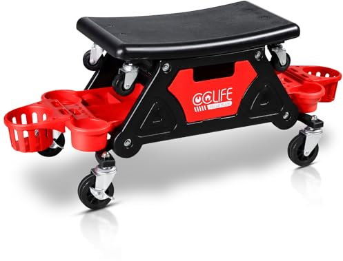 CCLIFE Werkstatthocker Werkstatt Rollsitz, 860×320×330 mm, Tragfähigkeit 180 kg, Garagenhocker mit Ablagen und Abnehmbarer Sitzfläche, fixierbare Räder