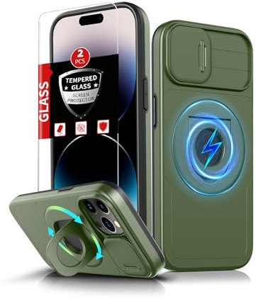 FRLMOOES for iPhone 14 Pro Case Magnetic Compatible with MagSafe Wireless Charging,with 2 Screen Protectors,Built-in 360°Kickstand Ring+Camera Cover Anti-Scratch Shockproof Heavy Duty Protection Green