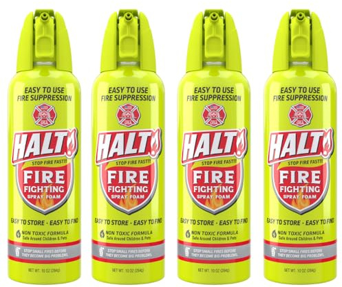 HALT! 10oz Fire Safety Spray – Non-Toxic, PFAS-Free Handheld Fire Suppressor – Easy to Use, Store & Find – Compact & Portable for Home, Kitchen, Car, BBQ, Camping & Tailgate – Made in USA (4pk)