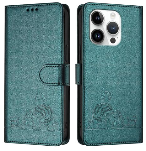 ScandiCasis iPhone 13 Pro Flip Case, Cat Pattern Leather Cover with [Card Slots] [RFID] [Wallet] [Kickstand] Shockproof Case, Peacock Green