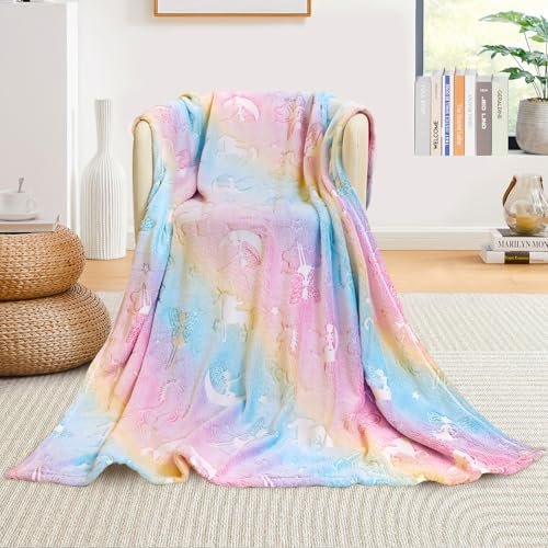 Yeqivo Kuscheldecke, Leuchten im Dunkeln Kinderdecke, Fleecedecke Weiche Flauschig, Babydecke Warme Kuschelig, Sofadecke Superweiche Weiche Flanelldecken (Gelbes Einhorn,130 * 150CM)