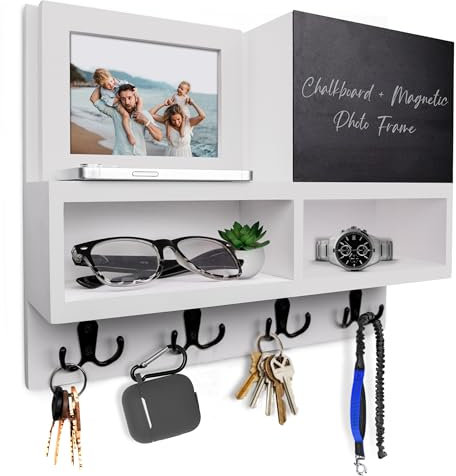 Spacelog Key and Mail Holder for Wall with Chalkboard – Magnetic Picture Frame Key Holder Wall Mount, Grey, Dual Storage & Cupboards