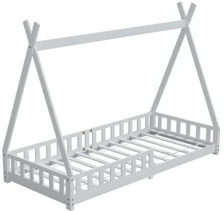 HAGO24 | Kinderbett | 200x90cm Weiß | Tipi Bettgestell | Holzhaus | Zeltoptik | Rausfallschutz | Lattenrost | Kiefernholz | Montessori | Spielbett | Natur | dekorierbar
