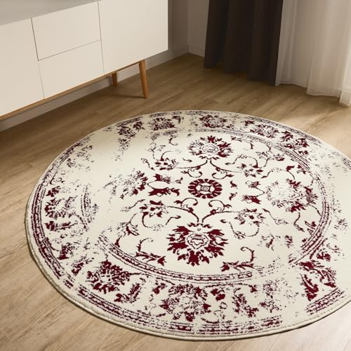 benuta Basic Teppich Suki - Creme/Rot 160 cm rund - Kunstfaser - rund & im Style: Vintage, Orient Style - Pflegeleicht für Wohnzimmer Schlafzimmer