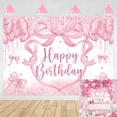 Bow Coquette Birthday Backdrop Pink Bow Happy Birthday Photography Background Girls Women Bachelorette Party Decorations Background (8x6FT: 96x72 inch)