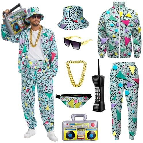 80er 90er Jahre Outfit Herren,Hip Hop Trainingsanzug Set mit Zubehör | Komplettes Retro‑Kostümset inklusive Goldkette und Sonnenbrille. Karneval, Events und jahresbezogene Themenpartys