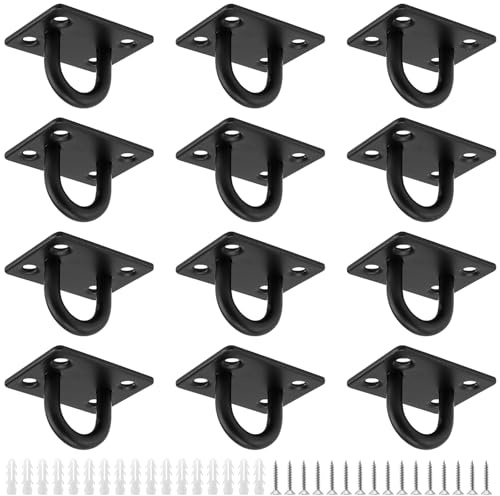 FUNSUEI 12 Stück Ösenplatte Edelstahl mit 4 Löchern, Ösenplattenhaken, Edelstahl Augplatte für Wand-Befestigung, Decken-Befestigung, Wand-Haken, Decken-Haken, Schwarz