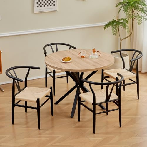 TTATC Esstisch mit 4 Stühlen, Runder Holztisch mit 100 cm Durchmesser, 4 Moderne Küchenstühle für Esszimmer, Küche, Wohnzimmer (Heller + Schwarz)