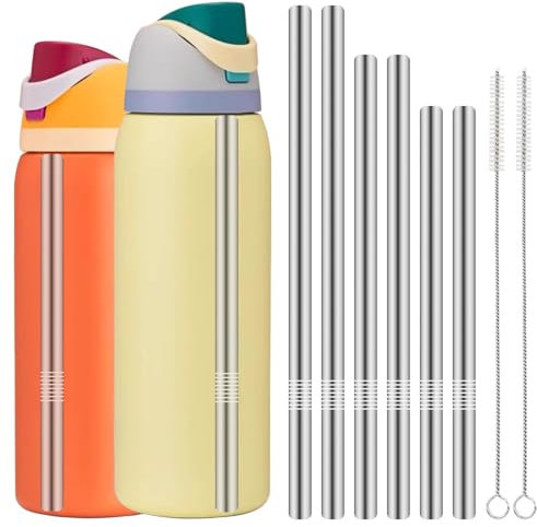 6 Pcs Metal Replacement Straw Compatible for Owala Water Bottle 24 oz 32 oz, with 2 Straw Cleaner, Reusable Stainless Steel Straws, Travel Tumbler Straws Bottle Accessories for Indoor Outdoor, 3 Sizes
