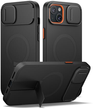 SURITCH Magnetisch hülle Kompatibel mit iPhone 14 Plus /15 Plus, Stoßfest Handyhülle Kratzfest Schutzhülle mit Kameraabdeckung schieben und verstellbarem Kickstand(schwarz)