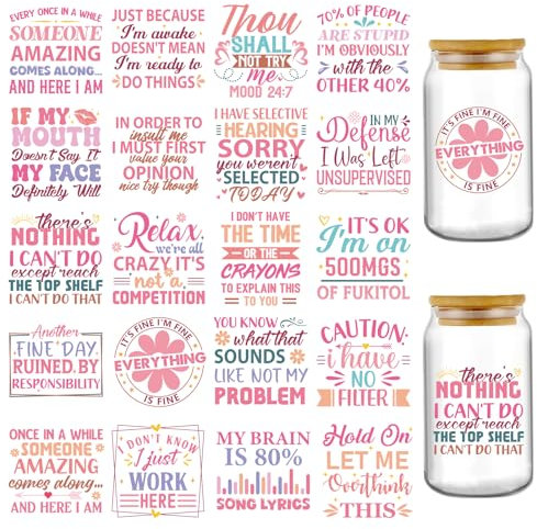 INCOK Rub on Transfers for Crafts - 20 Sheets Pink Sarcastic Funny Transfer Stickers for 16 oz Glass Water Bottle, Everything is Fine Humorous UV DTF Cup Wraps Office Creative Decal Gift