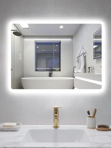 Habison Espejo de baño con iluminación, 60 x 80 cm, espejo de baño LED con interruptor táctil, intensidad regulable, temperatura de 3 colores, función de memoria, antivaho, espejo LED con luz para