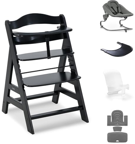 hauck Alpha+ Premium Bundle Holzhochstuhl Geburt bis 90 kg, Buche schwarz | Inkl. 2in1 Liege-Premiumwippe, Sitzverkleinerer + Polster, Click-On-Tablett, 5-Punkt-Gurt, Schrittgurt, Stoßstange
