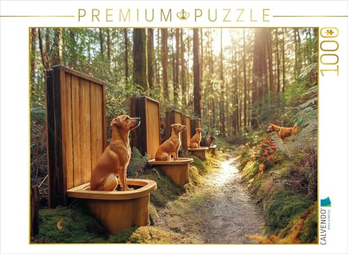 Puzzle · Kackende Hunde im Wald - Das lustigste Toiletten-Puzzle der Welt | Ein Rudel Labradore nimmt sich eine tierische Auszeit mitten im Wald · 1000 Teile · Lege-Größe 64 × 48 cm · CALVENDO Puzzle