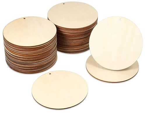 Qusedwey 50 Pieces Wood Circles Unfinished Round Cutouts Pre-Drilled Tags Slices Blank Wooden Discs with Holes Pendants (4 Inch)