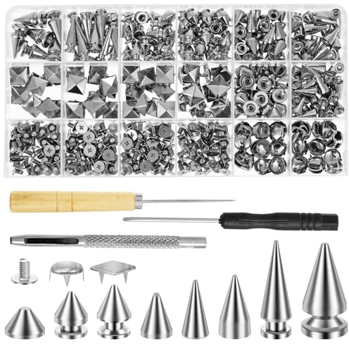 Sutowe Juego de 455 piezas punk tachuelas y tachuelas cónicas, 8 piezas, surtido de pinchos metálicos para árbol de cuero, decoración de ropa, chaquetas, zapatos, carteras, cinturones, etc