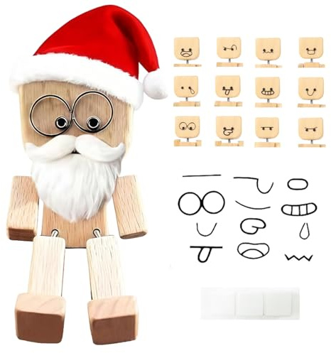 Dongcill Wackelnder Holzmann,Wackelfigur Auto Holzmann mit 12 Magnetischen,Schüttelmann aus Holz,Handmade Shaking Wooden Man Figure Dashboard Figurines Ornament,Geschenkidee(Weihnachtsausgabe)