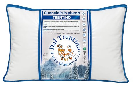 Tex family Cuscino in Piuma d'Oca Trentino 50x80 cm 1000 g – Guanciale Letto Morbido Sostegno Medio – Cotone Twill Anallergico Antipiuma OEKO-TEX – Prodotto Dal Trentino