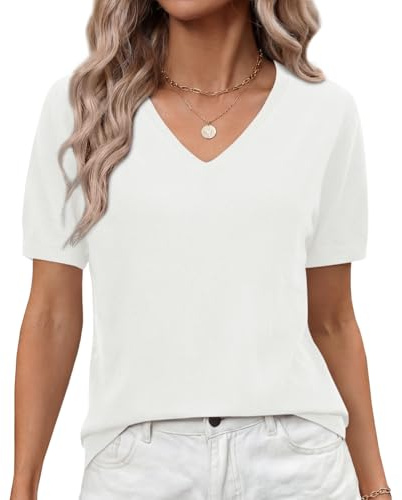 Elesomo Ladies Jumpers Short Sleeve V Neck Knit Sweater Top | short sleeved, long sleeve, holiday clothes, fine knit,