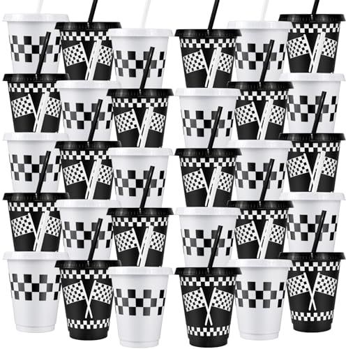 MSYU 30 Pcs Reusable Tumblers with Straws & Lids, 470ml Checkered Plastic Cold Drink Cups, Black & White Racing Flag Design, Ideal for Kids Birthday Racing Theme Party Favours & Decorations