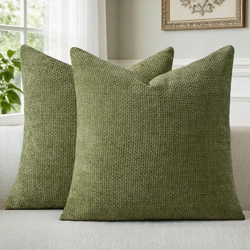 a moment Kissenbezug 40x40 Olivgrün Chenille 2er Set Weiche Kissenbezüge | Zierkissenbezug Sofakissen Dekokissen Deko Waschbar Flauschig Dekorative Kissenhülle für Sofa Wohnzimmer Schlafzimmer