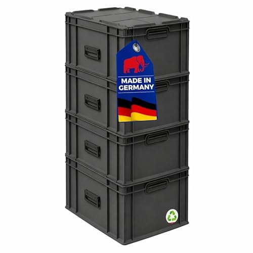PROREGAL SuperSparSet 4x Eurobox NextGen Portable Made in Germany | HxBxT 33,5x40x60cm | 65 Liter | Schwarz | Eurobehälter, Transportbox, Transportbehälter, Stapelbehälter