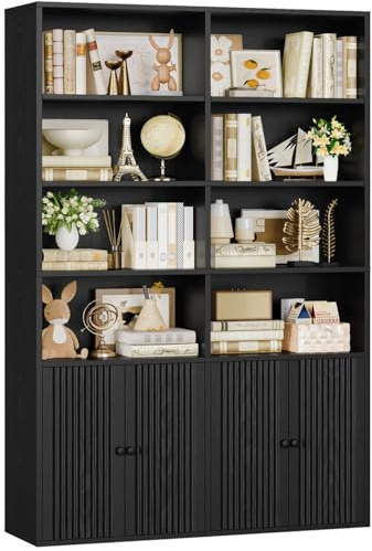 IRONCK Bookcase with doors, 180cm Tall Bookshelf, 6 Tier Living Room Bookcases, 8 Open Compartments, Free Standing Display Shelf, Wooden Shelving Storage Unit for Home Office 108×30×180cm (Black)